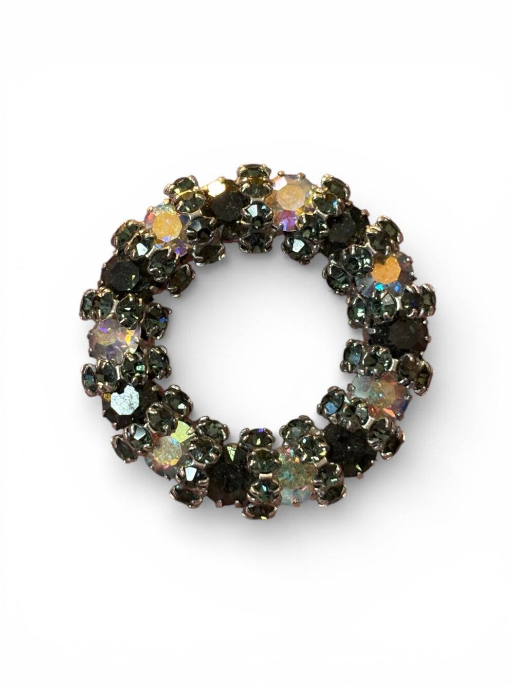 Vintage Rhinestone Wreath Brooch Gray Smoky & Aurora Borealis Crystal Pin